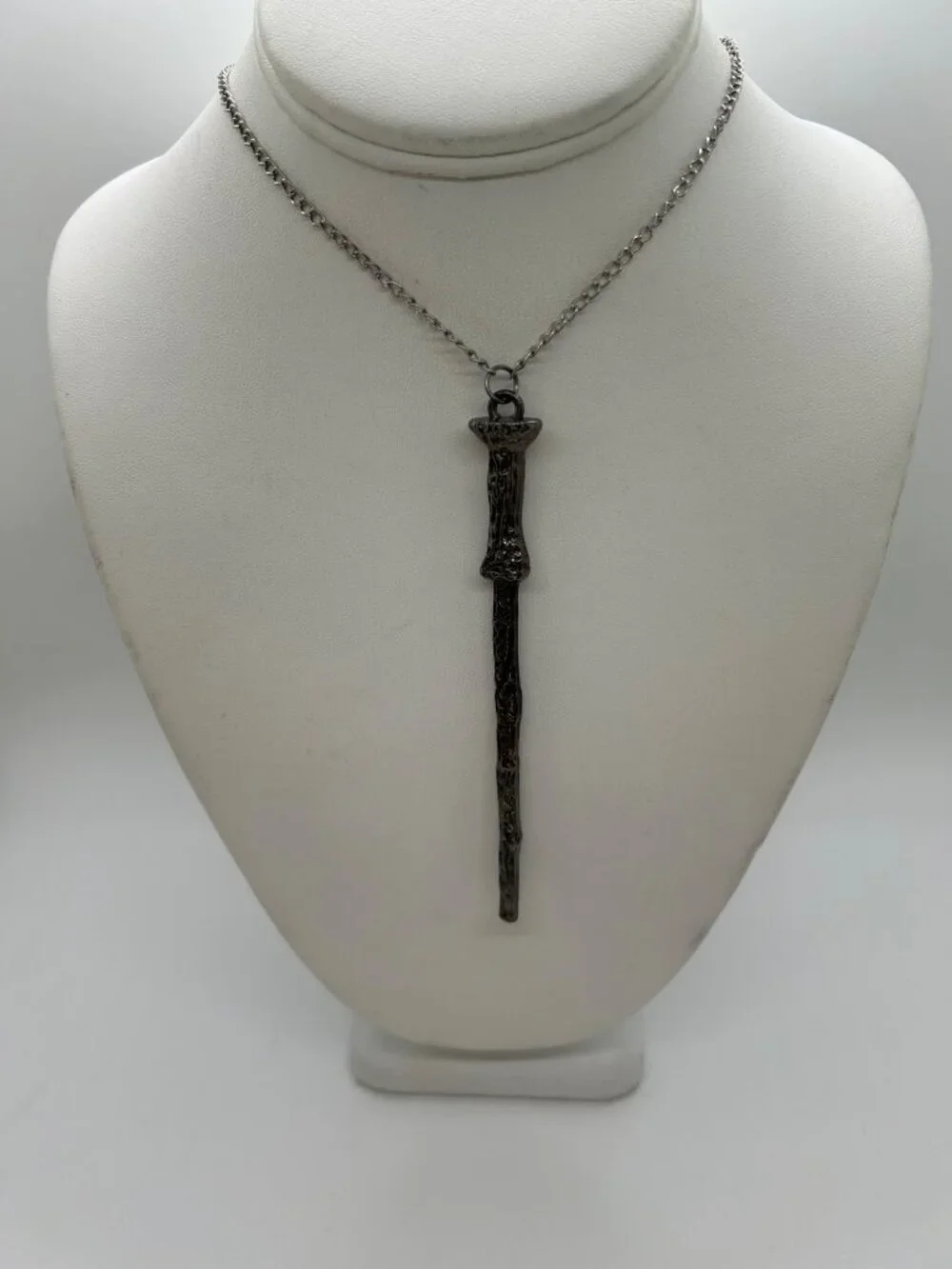 Wizard Magic Wand Necklace Pendant Silvertone Goth Fantasy Film Prop Costume